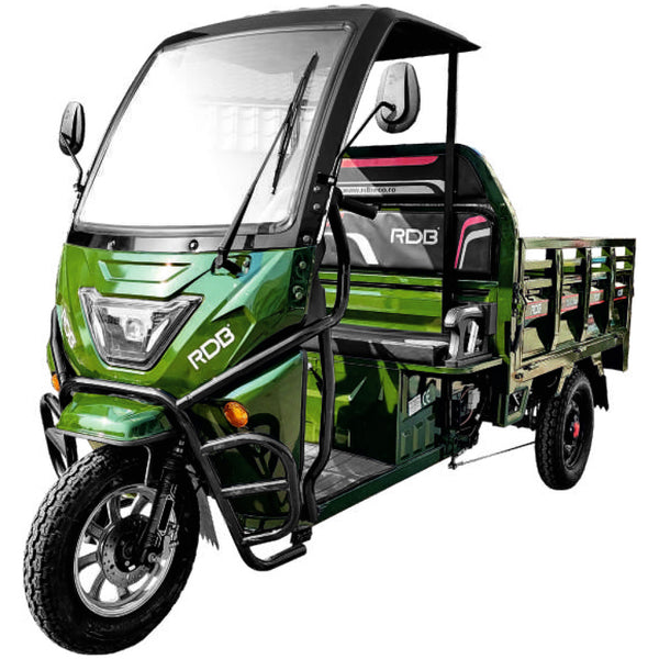 Tricicleta electrica RDB XM-KLASS semicabina fara permis 1500W 25 km/h 72V45Ah autonomie 70 km bena rabatabila culoare verde
