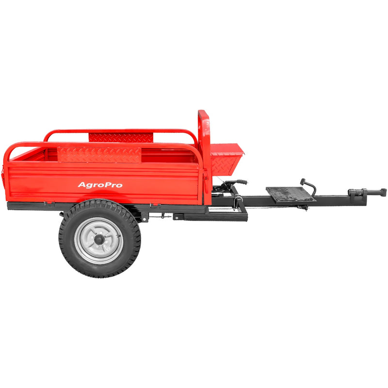 Remorca AgroPro REM 700 capacitate max 550 kg roti 5.00-12&quot; dimensiuni bena 138x89x28 cm basculare frana de mana frana picior