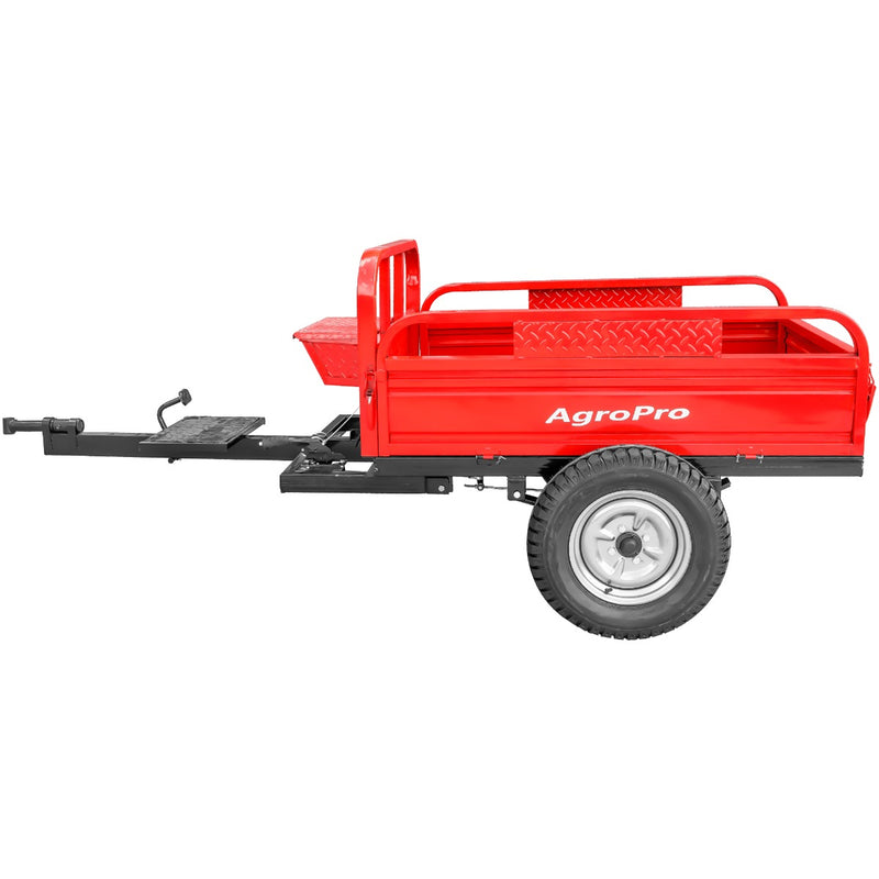 Remorca AgroPro REM 700 capacitate max 550 kg roti 5.00-12&quot; dimensiuni bena 138x89x28 cm basculare frana de mana frana picior