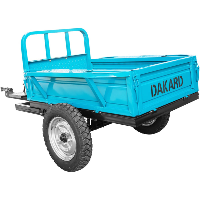 Remorca DKD LY 700 capacitate max 600 kg roti 4.50-12&quot; dimensiuni bena 140x90x28 cm basculare frana mana frana picior