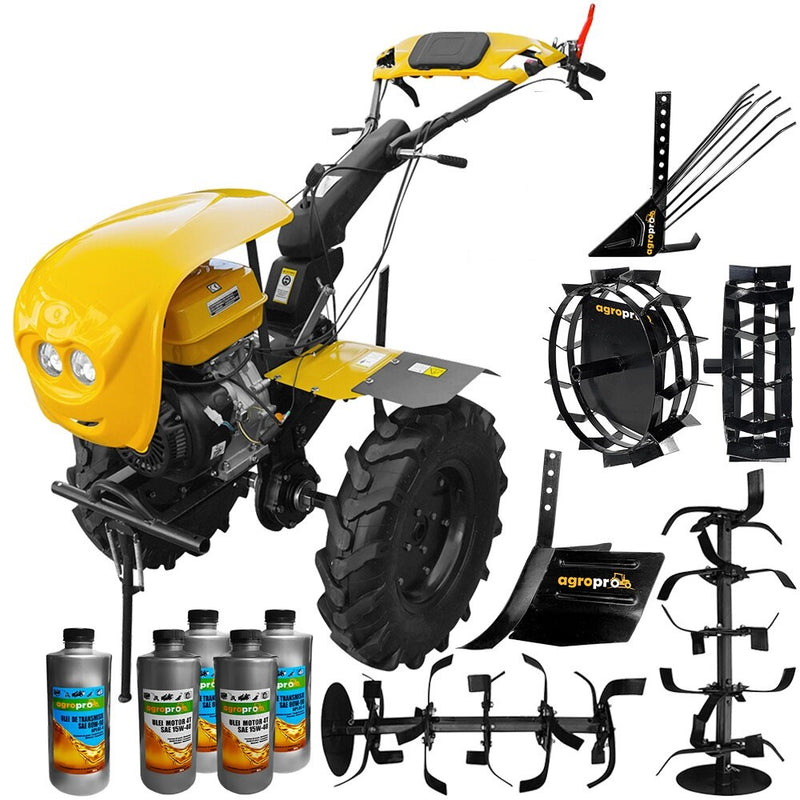 Pachet motocultor ProGarden HS 1100D motor 16CP EURO V 2+1 viteze de mers senzor de ulei pornire rapida freze roti cauciuc + roti metalice + rarita reglabila + plug cartofi + 5L ulei AgroPro