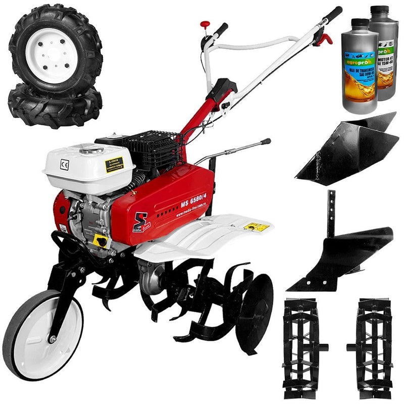 Pachet Motosapa MEDIA LINE MS 6580 7 CP 3 viteze de mers freze 80 cm roti de cauciuc 400x8 roti metal rarita fixa plug arat + 1l ulei motor + 1l ulei transmisie AgroPro