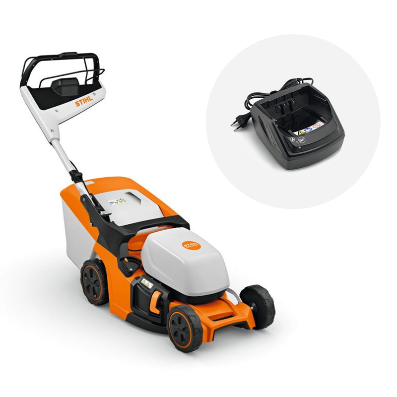 Masina de tuns gazonul pe acumulator STIHL RMA 443 PV autopropulsata latime taiere 41 cm cos colector 52 L sistem AP + incarcator
