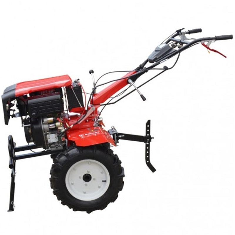 Motocultor Rotakt RO 135S pornire electrica motor 9 CP diesel latime lucru 135 cm 2+1 viteze freze roti cauciuc 5.00-12 capota far roti metal plug arat rarita reglabila plug cartofi 5l ulei