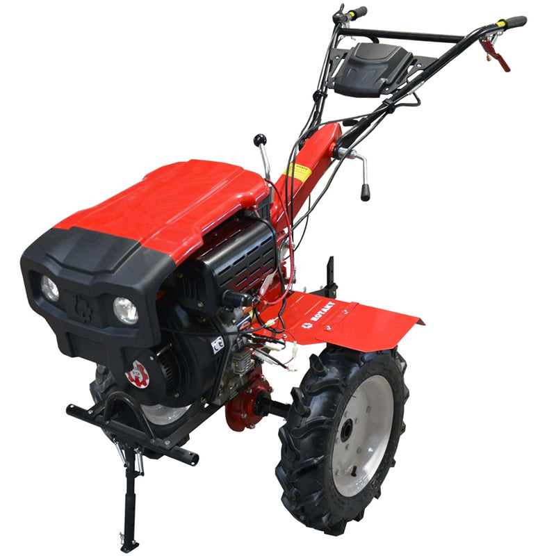 Motocultor Rotakt RO 135S pornire electrica motor 9 CP diesel latime lucru 135 cm 2+1 viteze freze roti cauciuc 5.00-12 capota far roti metal plug arat rarita reglabila 5l ulei