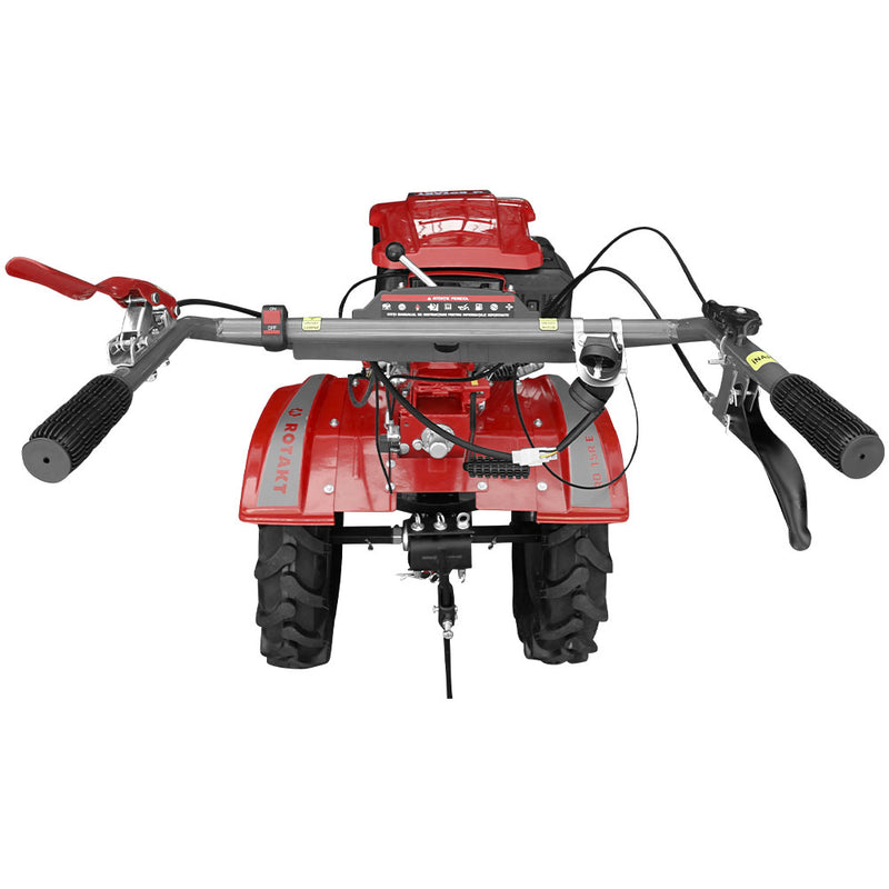 Motocultor Rotakt RO 15R E motor 15 CP latime lucru 135 cm freze roti cauciuc pornire electrica acumulator inclus roti metalice rarita reglabila plug arat plug cartofi cultivator 5l ulei AgroPro