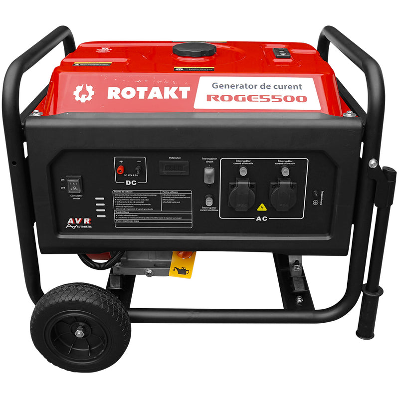 Generator curent Rotakt ROGE5500 putere 13CP benzina pornire manuala AVR voltmetru roti transport rezervor 25 L consum 3,57L/ora