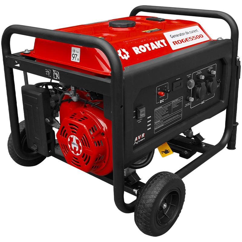Generator curent Rotakt ROGE5500 putere 13CP benzina pornire manuala AVR voltmetru roti transport rezervor 25 L consum 3,57L/ora