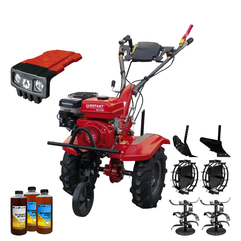 Motocultor Rotakt Titan RO110RV cu kit de capotare motor 8 CP 212 cmc benzina 2+1 viteze latime lucru 56-90 cm freze roti cauciuc 5.00-8" roti metal plug arat rarita reglabila 3l ulei