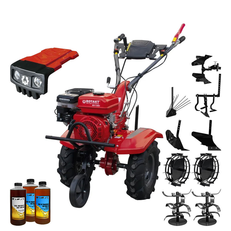 Motocultor Rotakt Titan RO110RV cu kit de capotare motor 8 CP 212 cmc benzina 2+1 viteze latime lucru 56-90 cm freze roti cauciuc 5.00-8" roti metal plug arat rarita reglabila plug cartofi cultivator plug reversibil 3l ulei