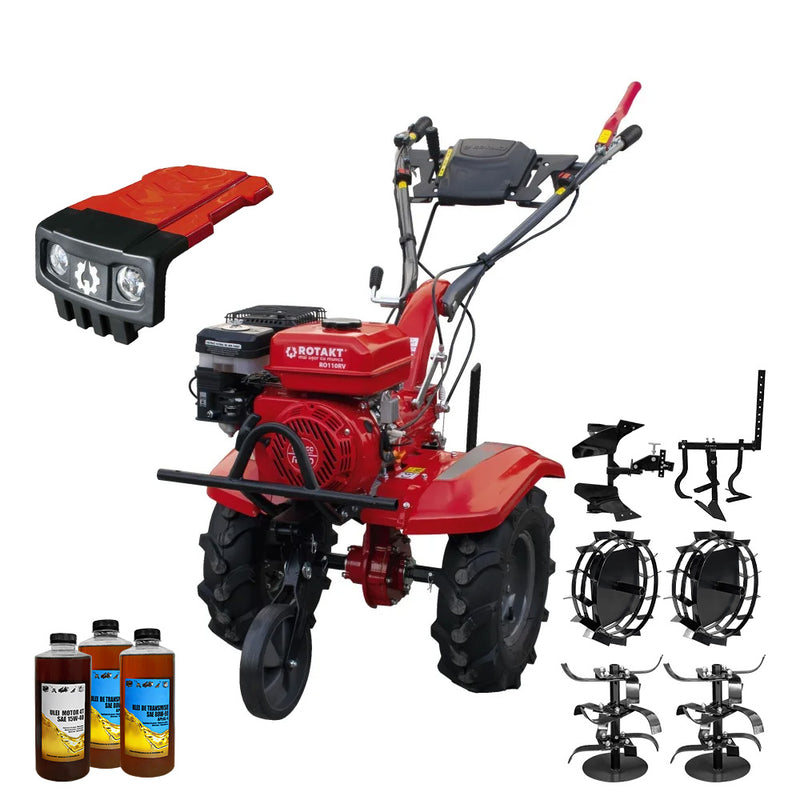 Motocultor Rotakt Titan RO110RV cu kit de capotare motor 8 CP 212 cmc benzina 2+1 viteze latime lucru 56-90 cm freze roti cauciuc 5.00-8" roti metal cultivator plug reversibil 3l ulei