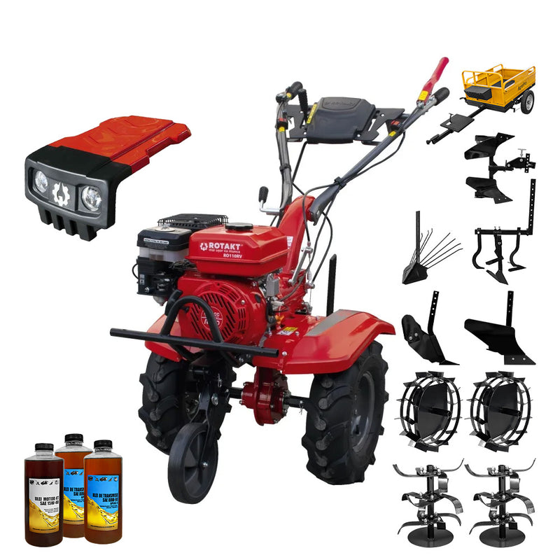 Motocultor Rotakt Titan RO110RV cu kit de capotare motor 8 CP 212 cmc benzina 2+1 viteze latime lucru 56-90 cm freze roti cauciuc 5.00-8" roti metal plug arat rarita reglabila plug cartofi cultivator plug reversibil remorca 3l ulei