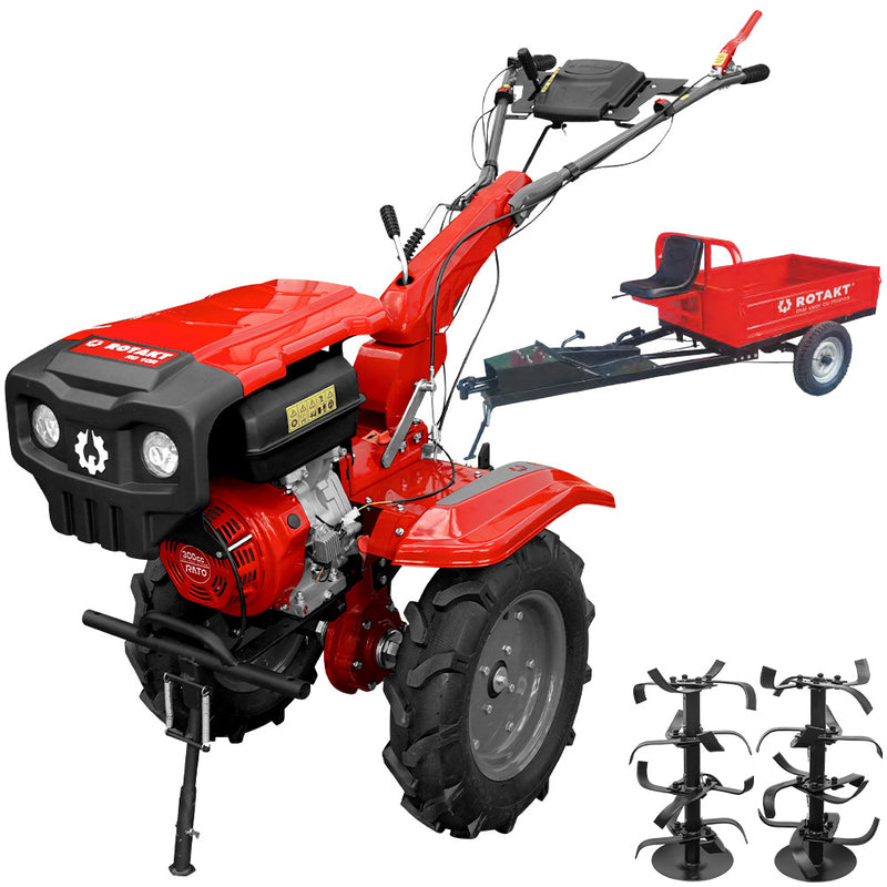 Motocultor Rotakt Atlas RO10R-2P motor 10CP 301 cmc benzina 2+1 viteze latime lucru 56-110 cm freze roti cauciuc 5.00-12" 2 prize de putere + Remorca Rotakt Transporter REM600 4x4 capacitate incarcare 600 kg