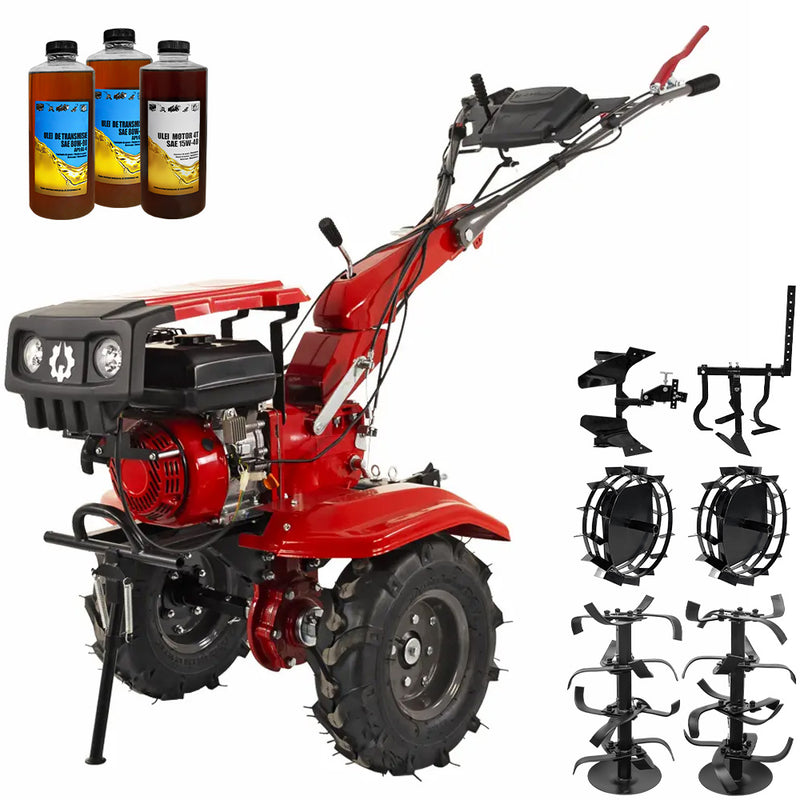 Motocultor Rotakt Ciclop RO120RV motor 8.5CP 223 cmc benzina 2+1 viteze latime lucru 56-105 cm freze roti cauciuc 5.00-8" capota far LED roti metal cultivator plug reversibil 3l ulei