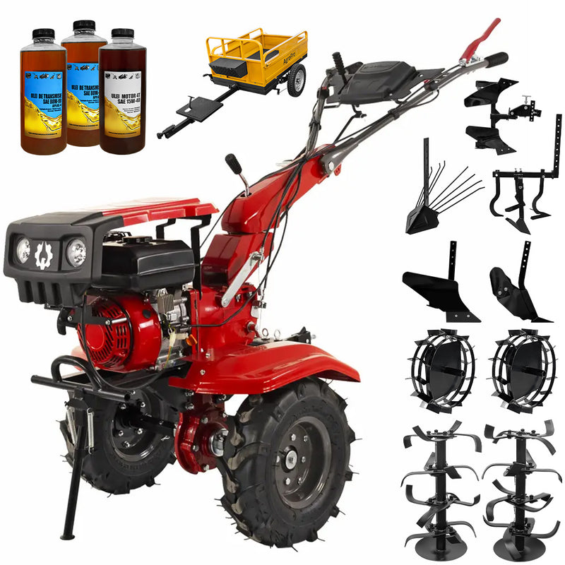 Motocultor Rotakt Ciclop RO120RV motor 8.5CP 223 cmc benzina 2+1 viteze latime lucru 56-105 cm freze roti cauciuc 5.00-8" capota far LED roti metal plug arat rarita reglabila plug cartofi cultivator plug reversibil 3l ulei