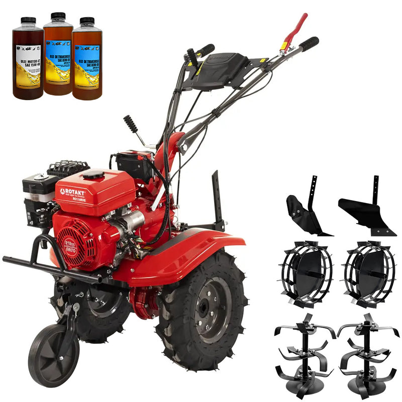 Motocultor Rotakt Gardian RO110RVE pornire electrica motor 8CP 212 cmc benzina 2+1 viteze latime lucru 56-90 cm freze roti cauciuc 5.00-8" roti metal plug arat rarita reglabila 3l ulei