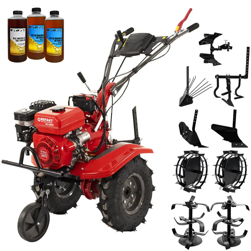 Motocultor Rotakt Gardian RO110RVE pornire electrica motor 8CP 212 cmc benzina 2+1 viteze latime lucru 56-90 cm freze roti cauciuc 5.00-8" roti metal plug arat rarita reglabila plug cartofi cultivator plug reversibil 3l ulei