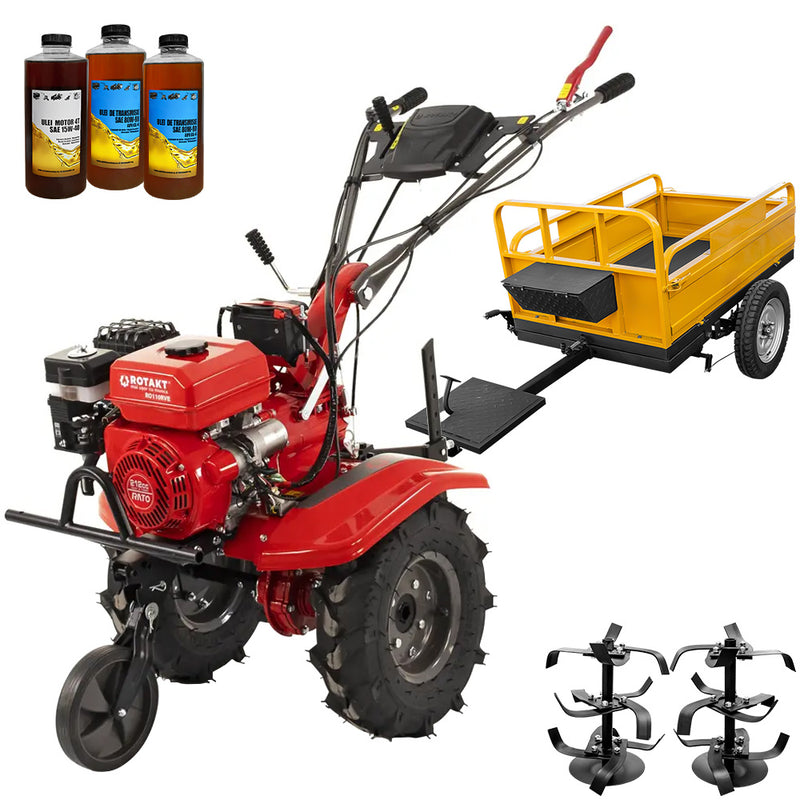 Motocultor Rotakt Gardian RO110RVE pornire electrica motor 8CP 212 cmc benzina 2+1 viteze latime lucru 56-90 cm freze roti cauciuc 5.00-8" remorca 3l ulei