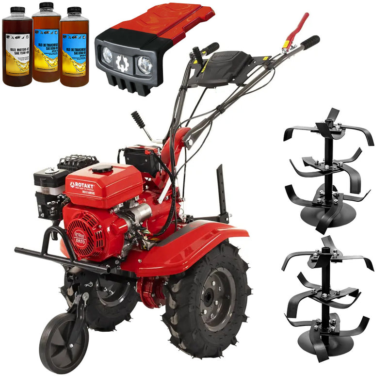 Motocultor Rotakt Gardian RO110RVE cu kit de capotare pornire electrica motor 8CP 212 cmc benzina 2+1 viteze latime lucru 56-90 cm freze roti cauciuc 5.00-8" 3l ulei