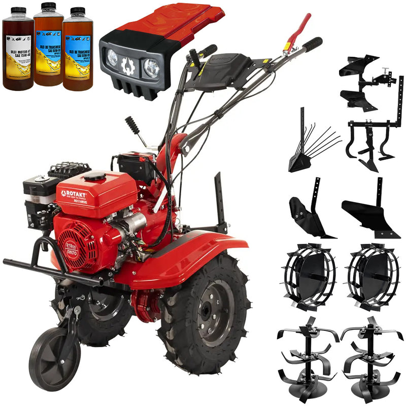 Motocultor Rotakt Gardian RO110RVE cu kit de capotare pornire electrica motor 8CP 212 cmc benzina 2+1 viteze latime lucru 56-90 cm freze roti cauciuc 5.00-8" roti metal plug arat rarita reglabila plug cartofi cultivator plug reversibil 3l ulei