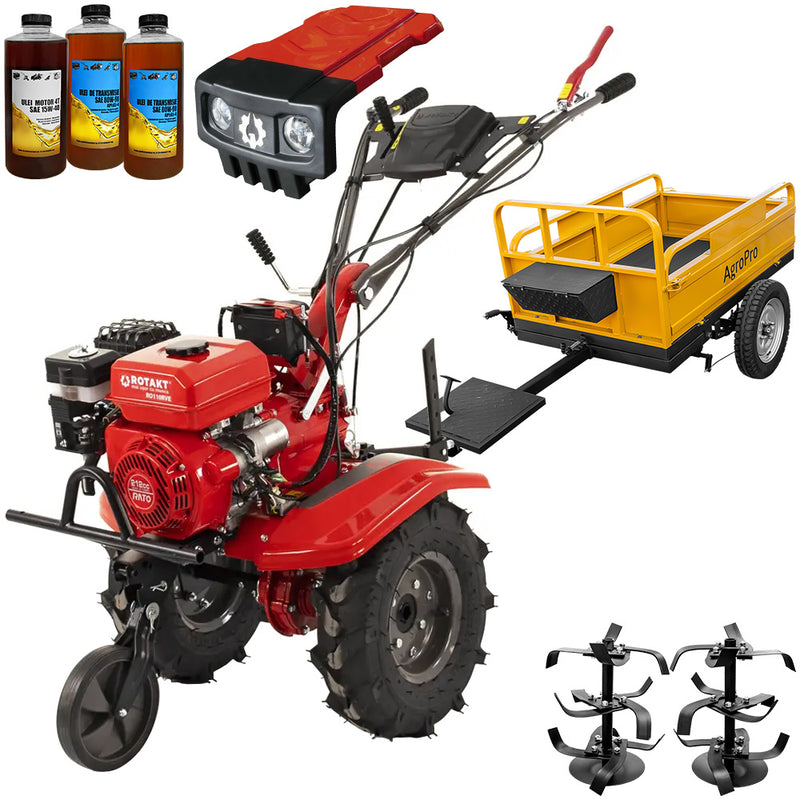 Motocultor Rotakt Gardian RO110RVE cu kit de capotare pornire electrica motor 8CP 212 cmc benzina 2+1 viteze latime lucru 56-90 cm freze roti cauciuc 5.00-8" remorca 3l ulei