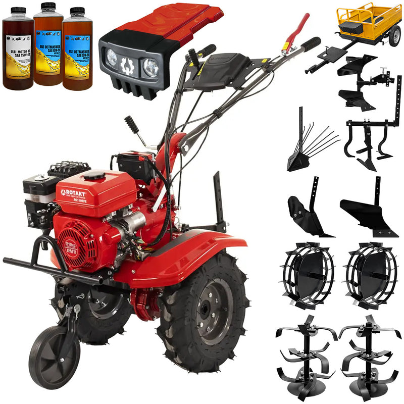 Motocultor Rotakt Gardian RO110RVE cu kit de capotare pornire electrica motor 8CP 212 cmc benzina 2+1 viteze latime lucru 56-90 cm freze roti cauciuc 5.00-8" roti metal plug arat rarita reglabila plug cartofi cultivator plug reversibil remorca 3l ulei