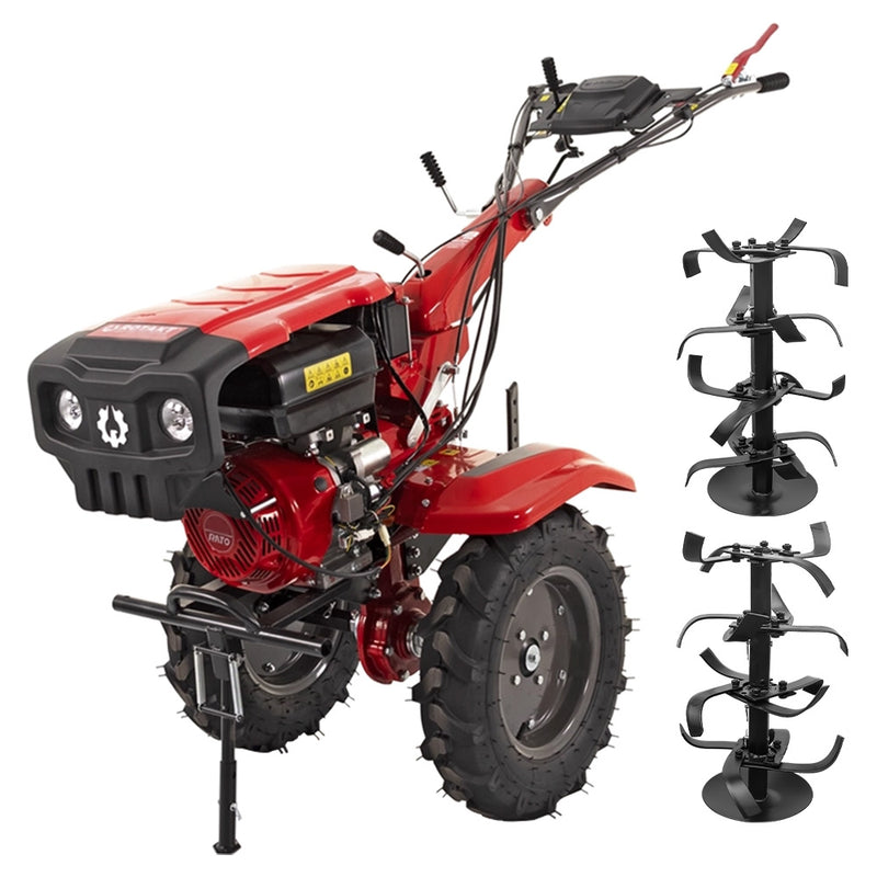 Motocultor Rotakt Ghepard RO10RE-2P motor 10CP 301 cmc benzina 2+1 viteze latime lucru 56-105 cm freze roti cauciuc 5.00-12" pornire electrica 2 prize de putere + Remorca Rotakt Transporter REM600 4x4 capacitate incarcare 600 kg
