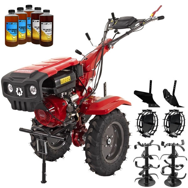 Motocultor Rotakt Ghepard RO10RE-2P motor 10CP 301 cmc benzina 2+1 viteze latime lucru 56-105 cm freze roti cauciuc 5.00-12" pornire electrica 2 prize de putere roti metal plug arat rarita reglabila 5l ulei