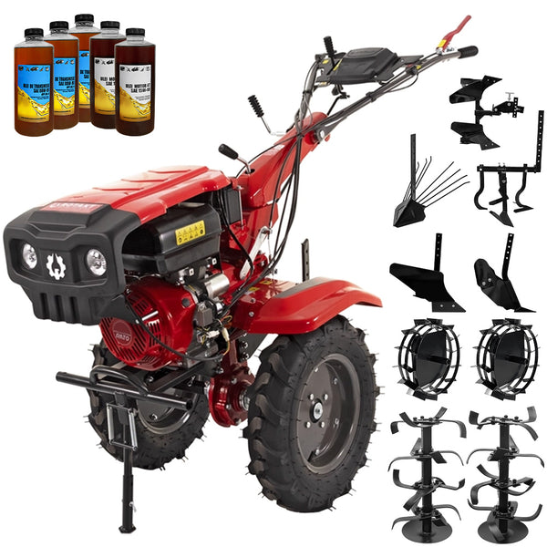 Motocultor Rotakt Ghepard RO10RE-2P motor 10CP 301 cmc benzina 2+1 viteze latime lucru 56-105 cm freze roti cauciuc 5.00-12" pornire electrica 2 prize de putere roti metal plug arat rarita reglabila plug cartofi cultivator plug reversibil 5l ulei