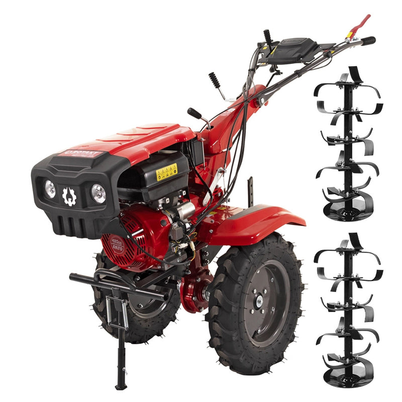 Motocultor Rotakt Goliath RO17RE-2P motor 17CP benzina 2+1 viteze latime lucru 56-135 cm freze roti cauciuc 5.00-12" pornire electrica 2 prize de putere roti metal plug arat rarita reglabila plug cartofi 5l ulei