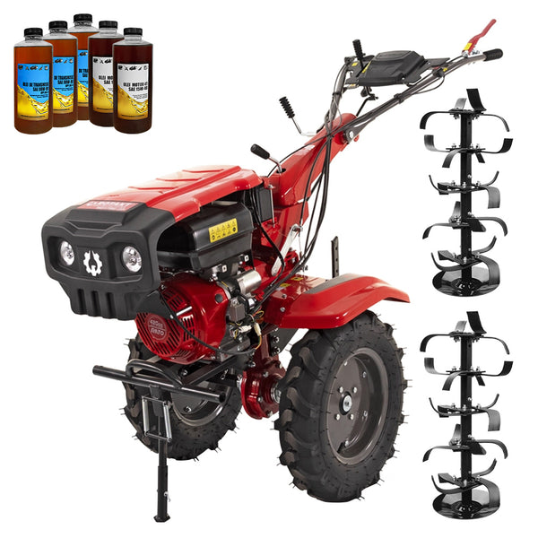 Motocultor Rotakt Gladiator RO15RE-2P motor 15CP benzina 2+1 viteze latime lucru 56-135 cm freze roti cauciuc 5.00-12" pornire electrica 2 prize de putere 5l ulei