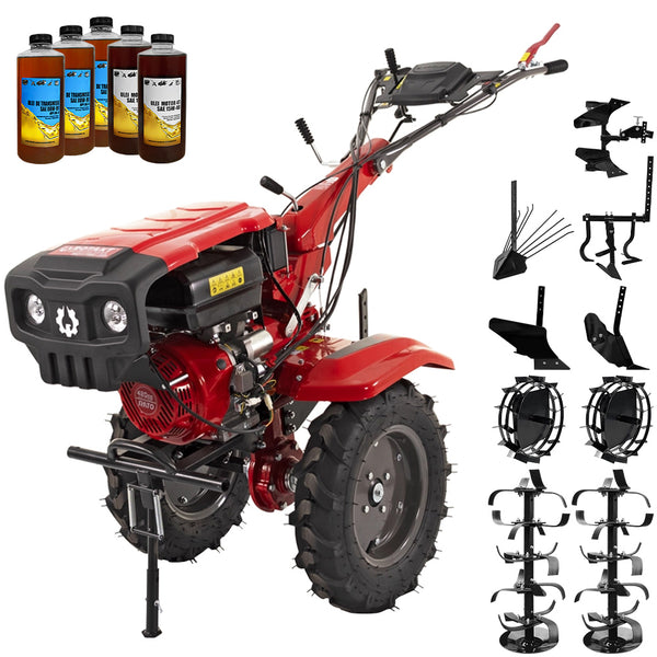 Motocultor Rotakt Gladiator RO15RE-2P motor 15CP benzina 2+1 viteze latime lucru 56-135 cm freze roti cauciuc 5.00-12" pornire electrica 2 prize de putere roti metal plug arat rarita reglabila plug cartofi cultivator plug reversibil 5l ulei