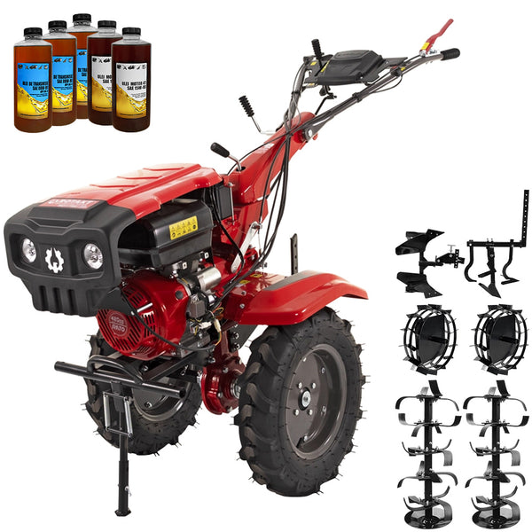 Motocultor Rotakt Gladiator RO15RE-2P motor 15CP benzina 2+1 viteze latime lucru 56-135 cm freze roti cauciuc 5.00-12" pornire electrica 2 prize de putere roti metal cultivator plug reversibil 5l ulei