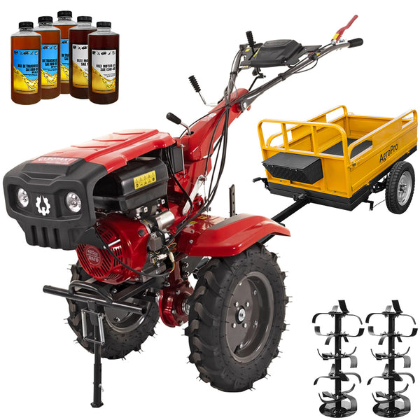 Motocultor Rotakt Gladiator RO15RE-2P motor 15CP benzina 2+1 viteze latime lucru 56-135 cm freze roti cauciuc 5.00-12" pornire electrica 2 prize de putere remorca 5l ulei