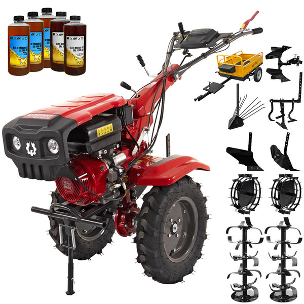 Motocultor Rotakt Gladiator RO15RE-2P motor 15CP benzina 2+1 viteze latime lucru 56-135 cm freze roti cauciuc 5.00-12" pornire electrica 2 prize de putere roti metal plug arat rarita reglabila plug cartofi cultivator plug reversibil remorca 5l ulei
