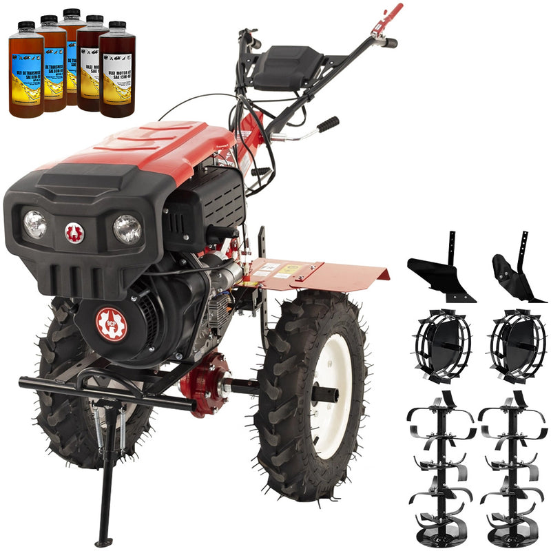 Motocultor Rotakt Godzilla RO135C 2-PTO motor 9CP diesel 2+1 viteze latime lucru 56-135 cm freze roti cauciuc 5.00-12" pornire electrica 2 prize de putere roti metal plug arat rarita reglabila 5l ulei