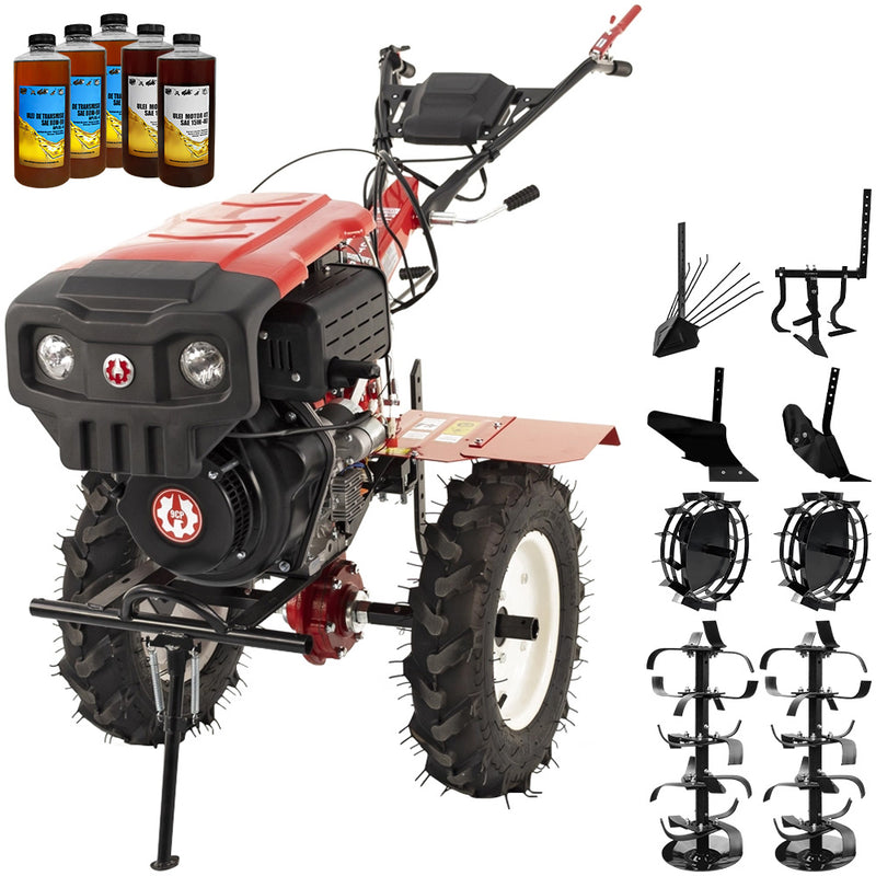 Motocultor Rotakt Godzilla RO135C 2-PTO motor 9CP diesel 2+1 viteze latime lucru 56-135 cm freze roti cauciuc 5.00-12" pornire electrica 2 prize de putere roti metal plug arat rarita reglabila plug cartofi cultivator 5l ulei