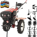 Motocultor Rotakt Godzilla RO135C 2-PTO motor 9CP diesel 2+1 viteze latime lucru 56-135 cm freze roti cauciuc 5.00-12" pornire electrica 2 prize de putere roti metal plug arat rarita reglabila plug cartofi cultivator plug reversibil 5l ulei