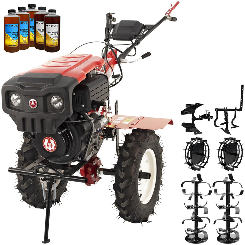 Motocultor Rotakt Godzilla RO135C 2-PTO motor 9CP diesel 2+1 viteze latime lucru 56-135 cm freze roti cauciuc 5.00-12" pornire electrica 2 prize de putere roti metal cultivator plug reversibil 5l ulei