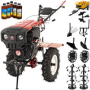 Motocultor Rotakt Godzilla RO135C 2-PTO motor 9CP diesel 2+1 viteze latime lucru 56-135 cm freze roti cauciuc 5.00-12" pornire electrica 2 prize de putere roti metal plug arat rarita reglabila plug cartofi cultivator plug reversibil remorca 5l ulei