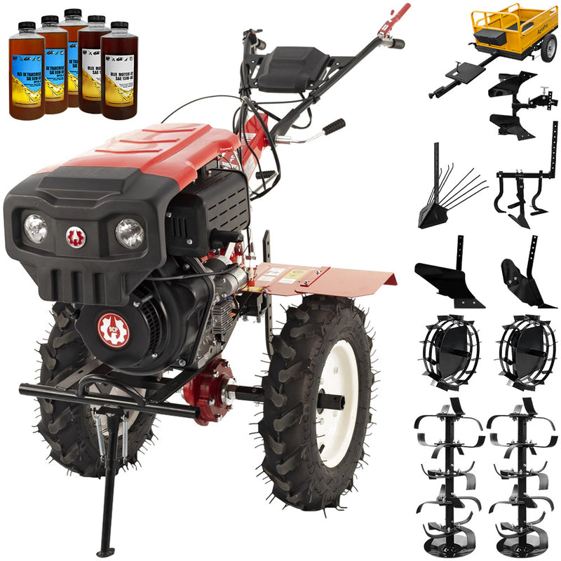 Motocultor Rotakt Godzilla RO135C 2-PTO motor 9CP diesel 2+1 viteze latime lucru 56-135 cm freze roti cauciuc 5.00-12" pornire electrica 2 prize de putere roti metal plug arat rarita reglabila plug cartofi cultivator plug reversibil remorca 5l ulei