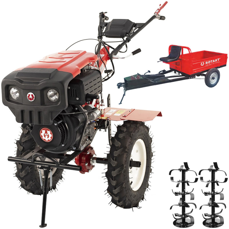 Motocultor Rotakt Godzilla RO135C 2-PTO motor 9CP diesel 2+1 viteze latime lucru 56-135 cm freze roti cauciuc 5.00-12" pornire electrica 2 prize de putere + Remorca Rotakt Transporter REM600 4x4 capacitate incarcare 600 kg
