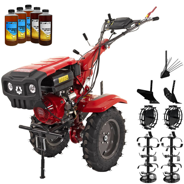 Motocultor Rotakt Goliath RO17RE-2P motor 17CP benzina 2+1 viteze latime lucru 56-135 cm freze roti cauciuc 5.00-12" pornire electrica 2 prize de putere roti metal plug arat rarita reglabila plug cartofi 5l ulei