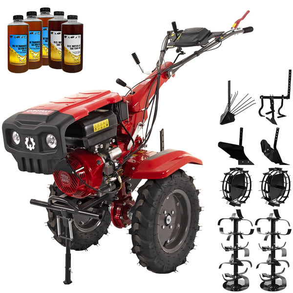 Motocultor Rotakt Goliath RO17RE-2P motor 17CP benzina 2+1 viteze latime lucru 56-135 cm freze roti cauciuc 5.00-12" pornire electrica 2 prize de putere roti metal plug arat rarita reglabila plug cartofi cultivator 5l ulei