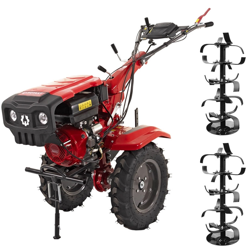 Motocultor Rotakt Grizzly RO13RE 2-PTO motor 13CP benzina 2+1 viteze latime lucru 56-135 cm freze roti cauciuc 5.00-12" pornire electrica 2 prize de putere roti metal plug arat rarita reglabila plug cartofi cultivator plug reversibil 5l ulei