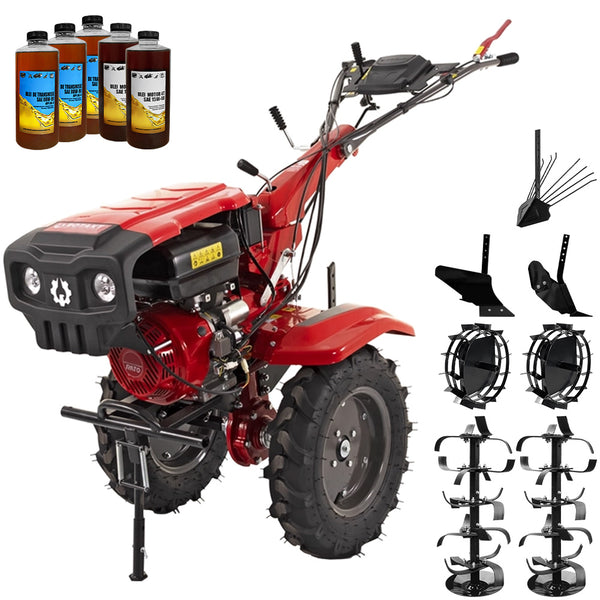 Motocultor Rotakt Grizzly RO13RE 2-PTO motor 13CP benzina 2+1 viteze latime lucru 56-135 cm freze roti cauciuc 5.00-12" pornire electrica 2 prize de putere roti metal plug arat rarita reglabila plug cartofi 5l ulei
