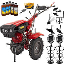 Motocultor Rotakt Grizzly RO13RE 2-PTO motor 13CP benzina 2+1 viteze latime lucru 56-135 cm freze roti cauciuc 5.00-12" pornire electrica 2 prize de putere roti metal plug arat rarita reglabila plug cartofi cultivator plug reversibil remorca 5l ulei