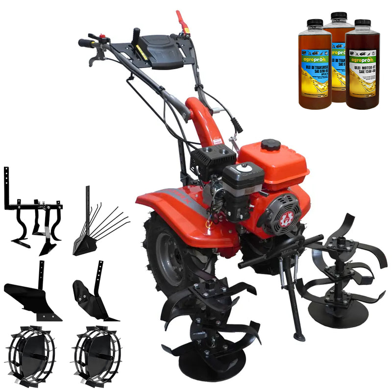 Motocultor Rotakt Junior Plus RO101Rx motor 7 CP benzina latime lucru 56-90 2+1 viteze roti 5.00-8 freze roti metal plug arat rarita reglabila plug cartofi cultivator 3l ulei