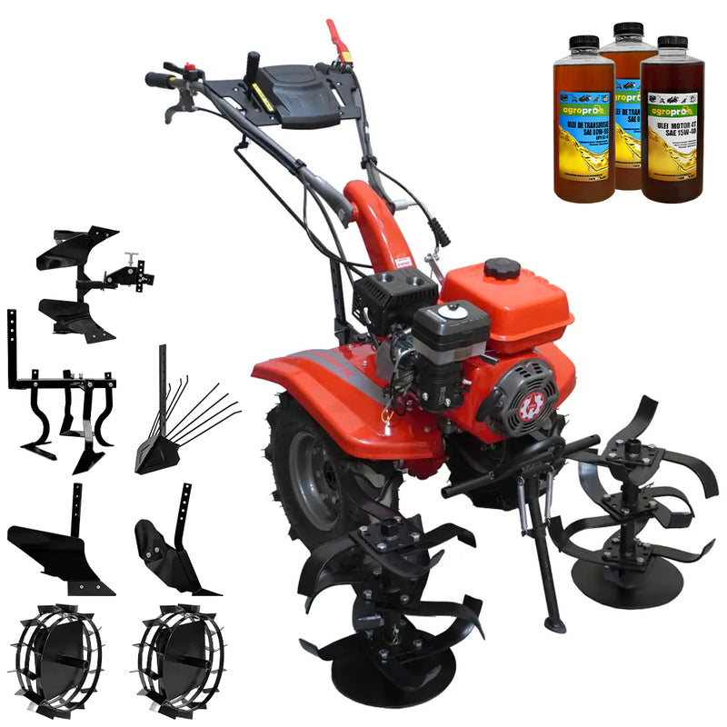 Motocultor Rotakt Junior Plus RO101Rx motor 7 CP benzina latime lucru 56-90 2+1 viteze roti 5.00-8 freze roti metal plug arat rarita reglabila plug cartofi cultivator plug reversibil 3l ulei