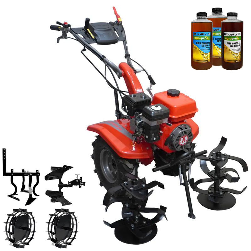 Motocultor Rotakt Junior Plus RO101Rx motor 7 CP benzina latime lucru 56-90 2+1 viteze roti 5.00-8 freze roti metal cultivator plug reversibil 3l ulei